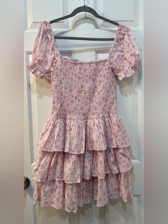 Altar'd State Dresses & Skirts - Altar’d State Pink Micro Roses Puff Sleeve Mini Dress Sz L Smocked Cottagecore